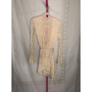 HAH Lace Wrap Robe Kimono‎ Bell Sleeve Ruffle Trim Cream Size M